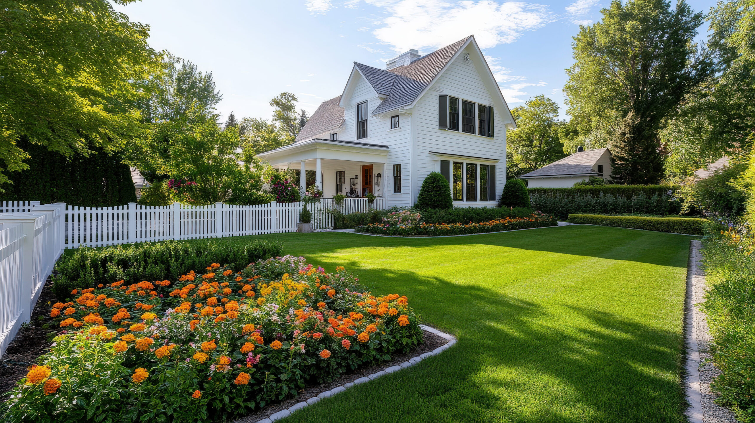 Charming white house with lush garden and bright flowers on a sunny day.